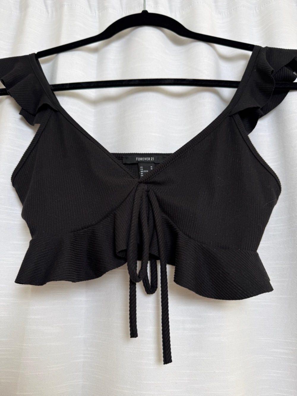 Forever 21 Black Ruffle Crop Top Flutter Sleeve Tie Front Ribbed Boho | Size M - Picture 7 of 10
